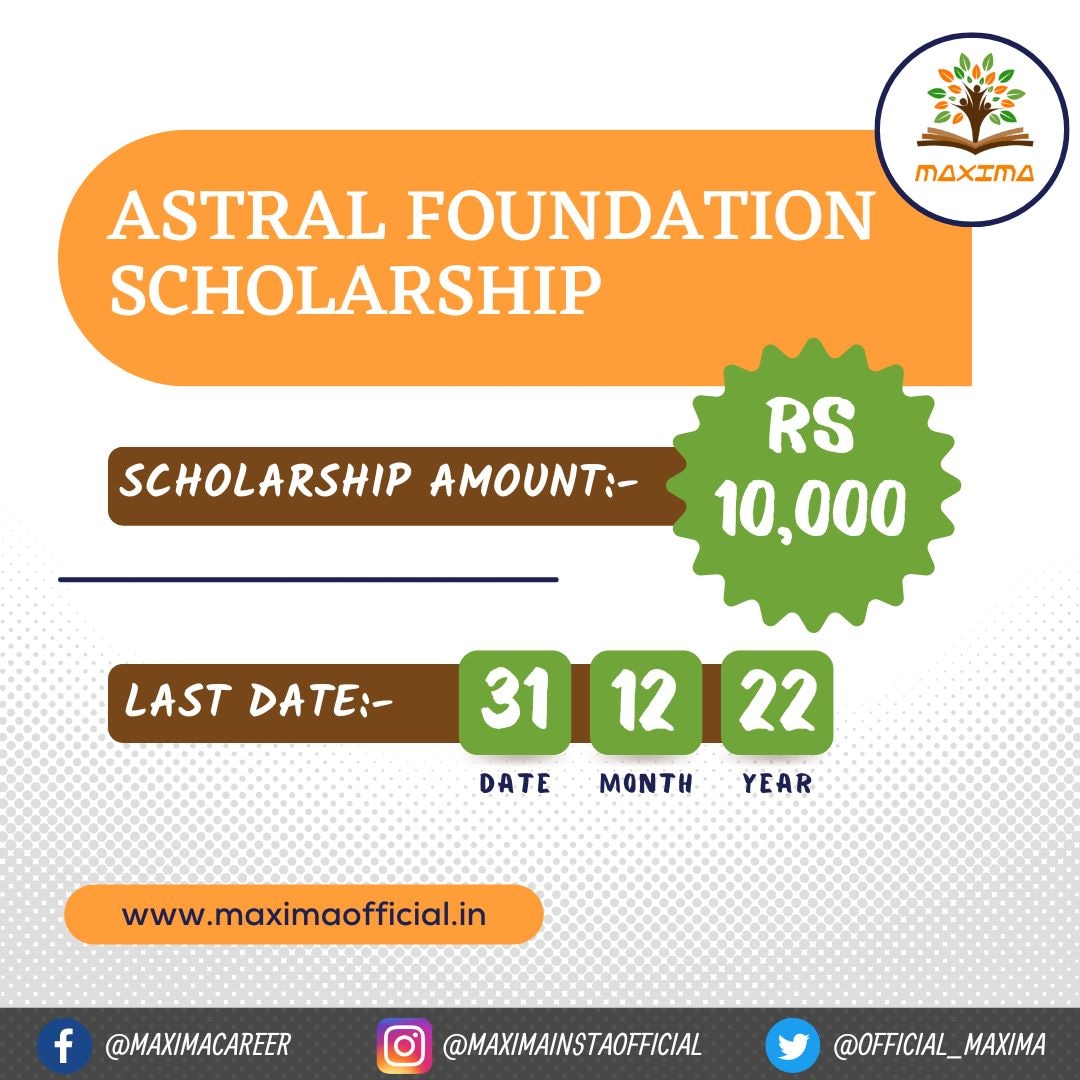 Maximaforedu's tweet photo. Astral Foundation Scholarship
For Under Graduate Course
◆ Last Date :- 31 December 2022
◆Scholarships Amount :- 10000 (₹ Ten Thousand Only)
◆ Link for Online Application:-
https://t.co/Yh04T0nixD
#scholarship #career #शिष्यवृत्ती #educational #graduate #undergraduation https://t.co/N42bPTsmzZ