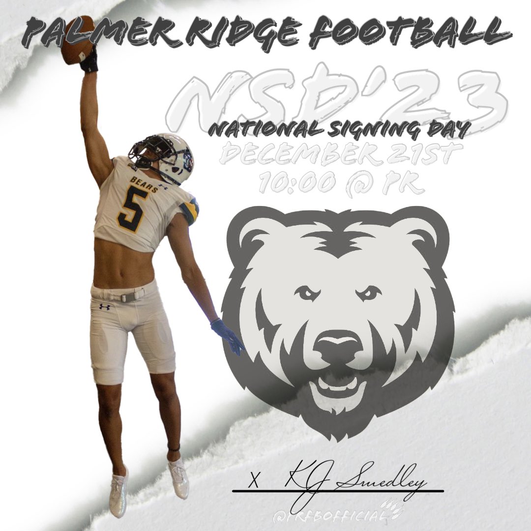 Palmer Ridge Football (@palmerridgefb) on Twitter photo ⏰ National Signing Day…tomorrow, 10:00am @ Palmer Ridge. Come show love to our very own <a href="/kj_smed_05/">KJ Smedley</a> as he puts pen to paper. <a href="/UNC_BearsFB/">Northern Colorado Football</a> #OBAB #OHANA ✍️🤝📈 ⏰ National Signing Day…tomorrow, 10:00am @ Palmer Ridge. Come show love to our very own <a href="/kj_smed_05/">KJ Smedley</a> as he puts pen to paper. <a href="/UNC_BearsFB/">Northern Colorado Football</a> #OBAB #OHANA ✍️🤝📈