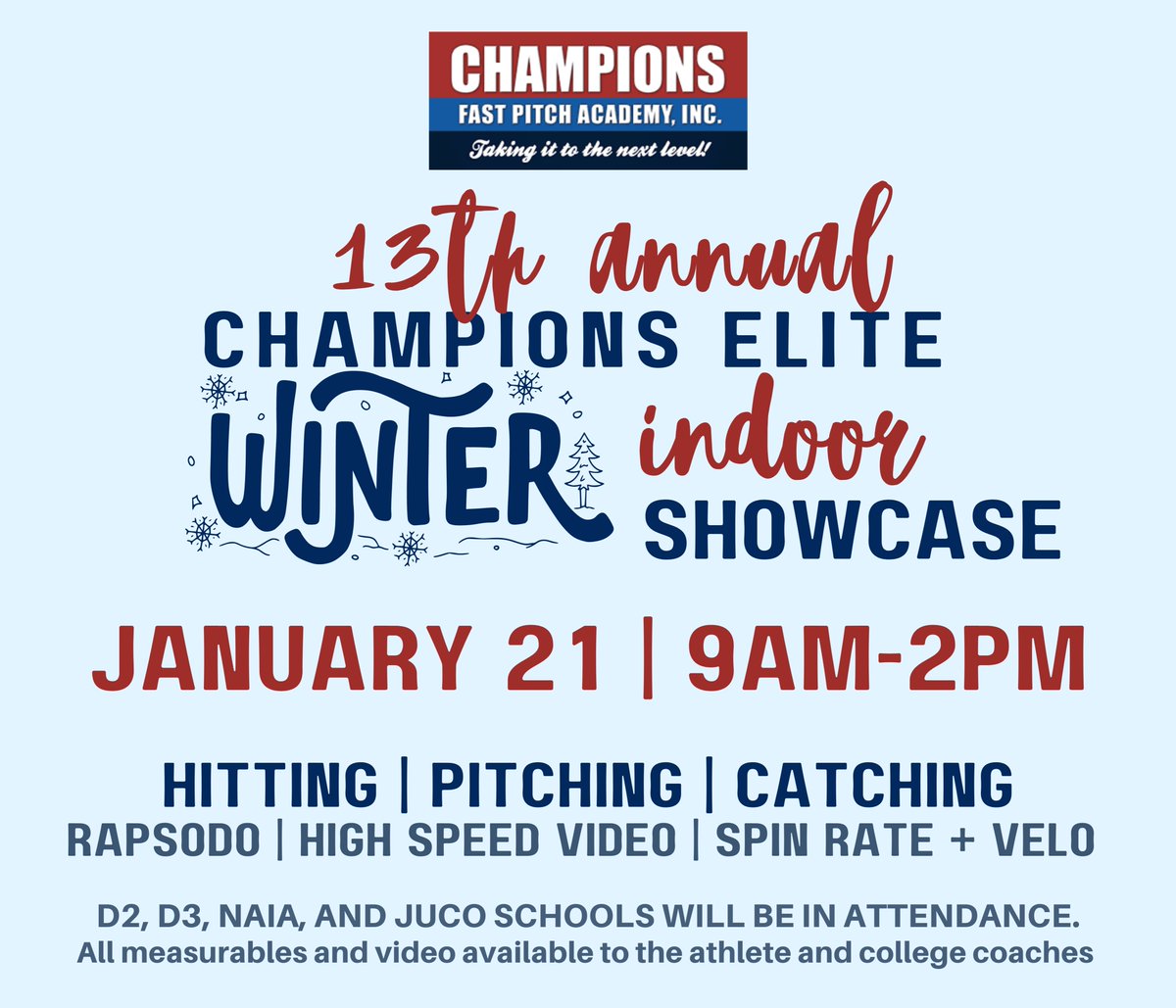 We are a month away from our Indoor Winter Showcase!! There are limited spots, and this showcase has filled up the past three years! 
championsfastpitchacademy.com/winter-camp/