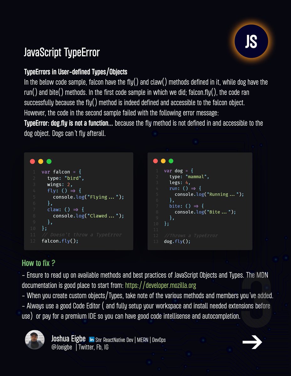 About JavaScript Errors 1. ReferenceError 2. TypeError 3. SyntaxError 4. ReferenceError Follow @joeigbe for ReactNative Development tips and tricks #Messi𓃵 #FIFAWorldCup #javascript #javascriptmas #reactnative #Web #MobileApp #coding #programming #SoftwareDeveloper