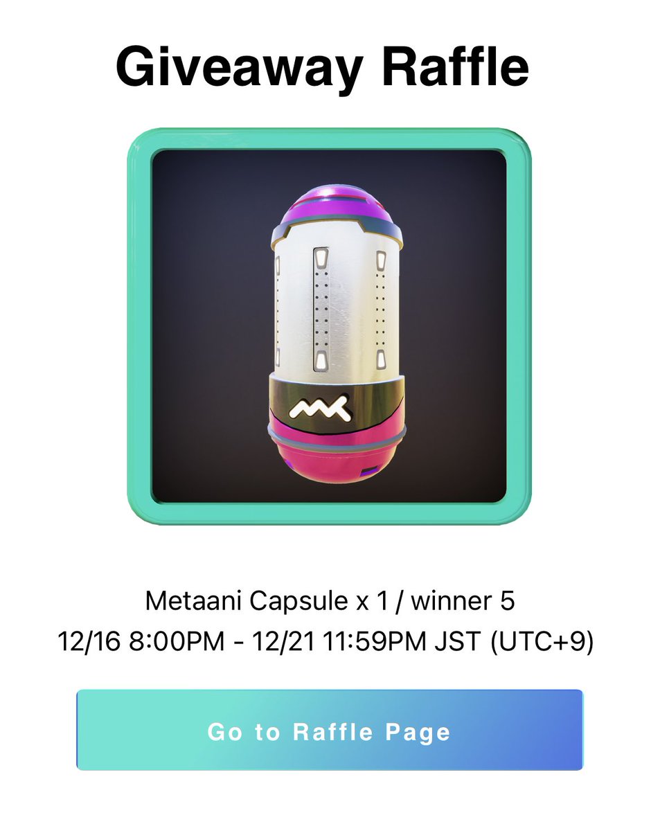 metaani2's tweet photo. #MetaaniCapsule GETできなかった〜〜〜😭という方!現在公式サイトでgiveaway raffle受付中です✨✨ぜひご参加ください!
https://t.co/4DwiGHYfhE
If you missed the #MetaaniCapsule FreeMint yesterday, no worries! We still got a giveaway raffle💊Go to our website and register now!! https://t.co/h6n8J7oZTm