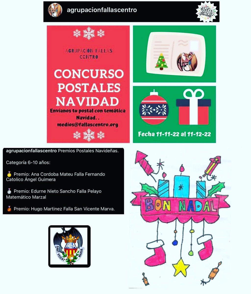 SanVicentMarva's tweet photo. Nuestro Presidente infantil Hugo Martínez ha sido uno de los galardonados en el concurso de postales navideñas de la @agrupacionfallascentro  #fallaSVM #POSTALESNAVIDEÑAS #concurso https://t.co/8a3coMOfUi