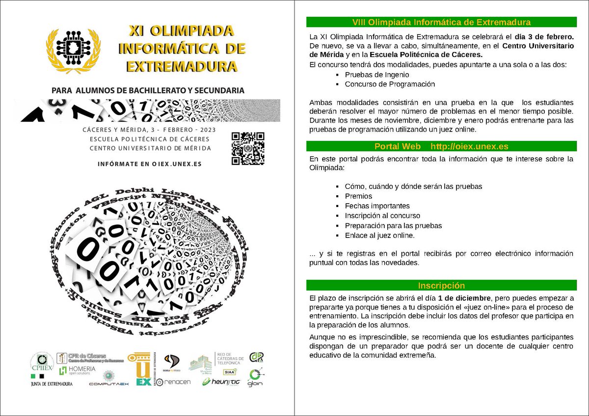 infouex's tweet photo. 💻📝Los estudiantes de segundo ciclo de ESO y de Bachillerato tienen hasta el 23 de enero de 2023 para inscribirse en la XI Olimpiada Informática de Extremadura.
📍 Se celebrará el 3 de febrero simultáneamente en el @CUMe_UEx y en @EPCC_Unex
👉 https://t.co/nFWQKmSoOf https://t.co/urDNjDRazX