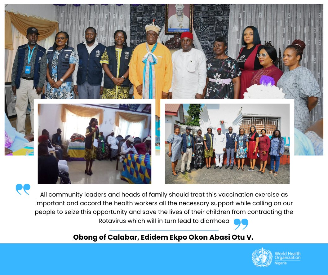 The Obong of Calabar endorses the introduction of Rotavirus vaccination for children under 12 months old in Calabar, during an advocacy visit by <a href="/WHO/">World Health Organization (WHO)</a> personnel to the paramount rule to solicit his support for #Rotavirus vaccination in Cross River state.