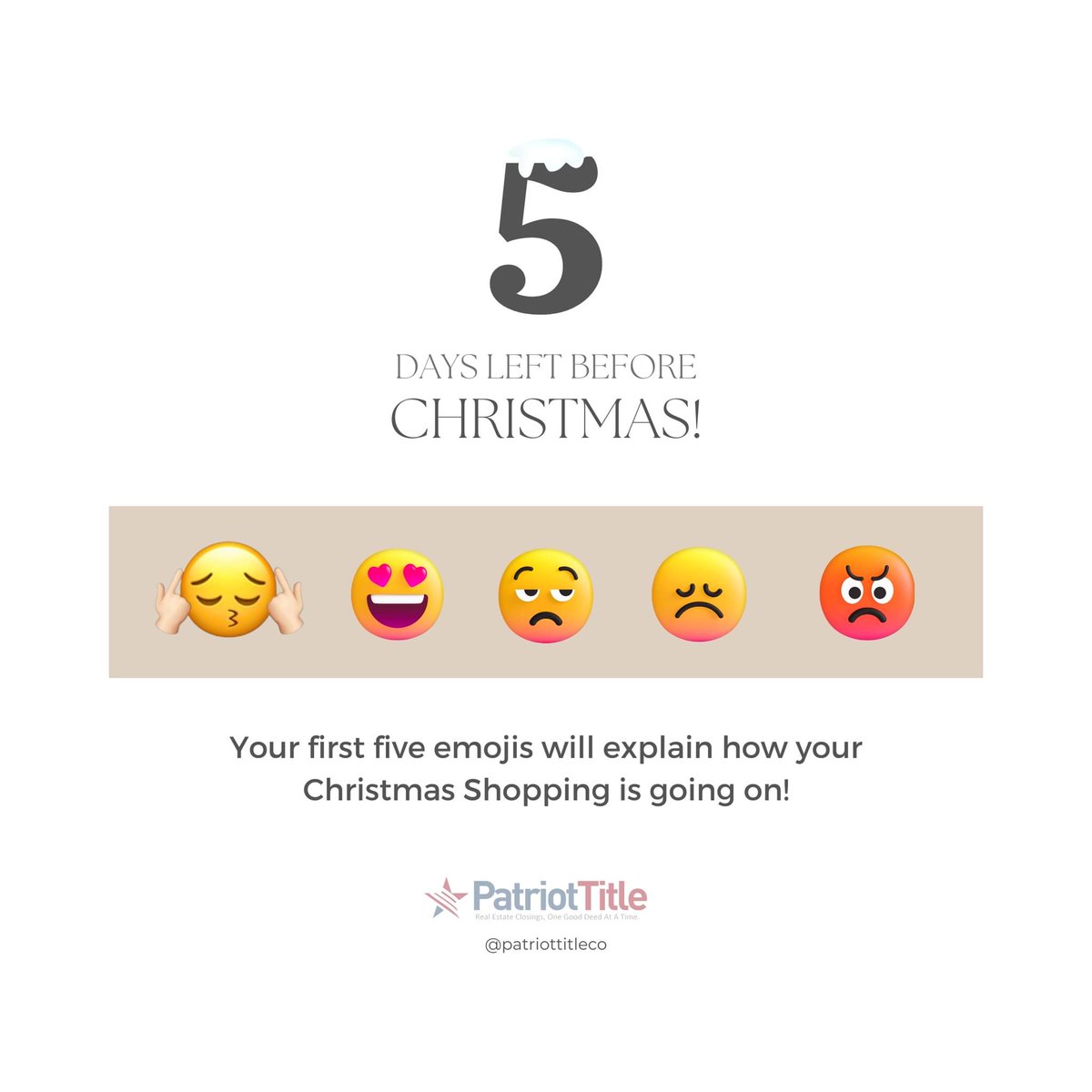 patriottitleco's tweet image. Christmas rush hour! Describe how your holiday shopping is going with these emojis. 😁

Comment it below. 👇

.
.
.
.

For your closing and escrow needs, please email info@patriottitletx.com

#PTChristmasCountdown #christmascountdown #patriottitletx #houstontx
