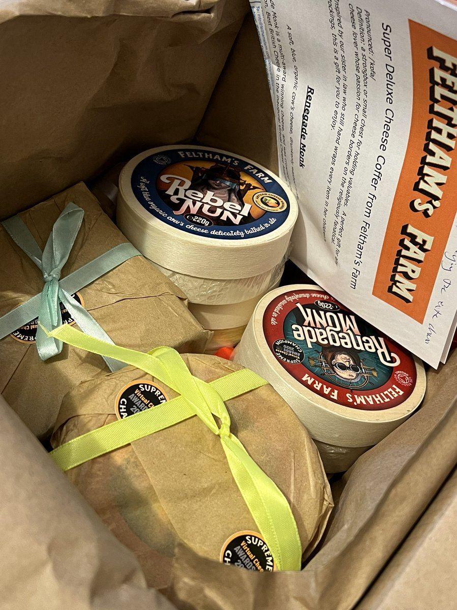 vodathan's tweet image. My hamper full of fantastic   @felthamsfarm cheese arrived!
Birthday present was delayed by couriers which meant the aroma was somewhat pungent.
