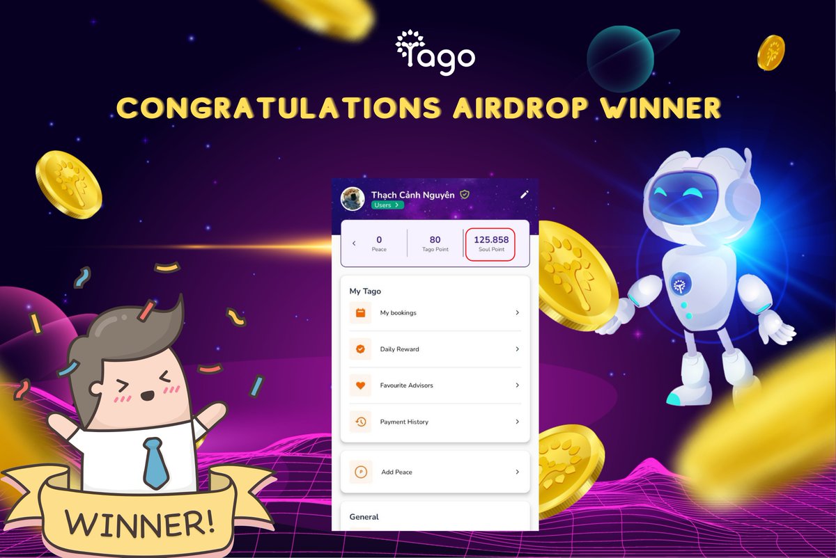 TagoChannel's tweet photo. END AIRDROP TAGO APP SET 1
With everyone's enthusiastic participation, Tago announces top 1 prize winners: @Onefortoken = $50 by token.
Send your BEP20 address to @tue1491 to get your prizes.
#AIRDROP #TAGOVERSE #NFTAISOUL https://t.co/Mxpqlytzoy