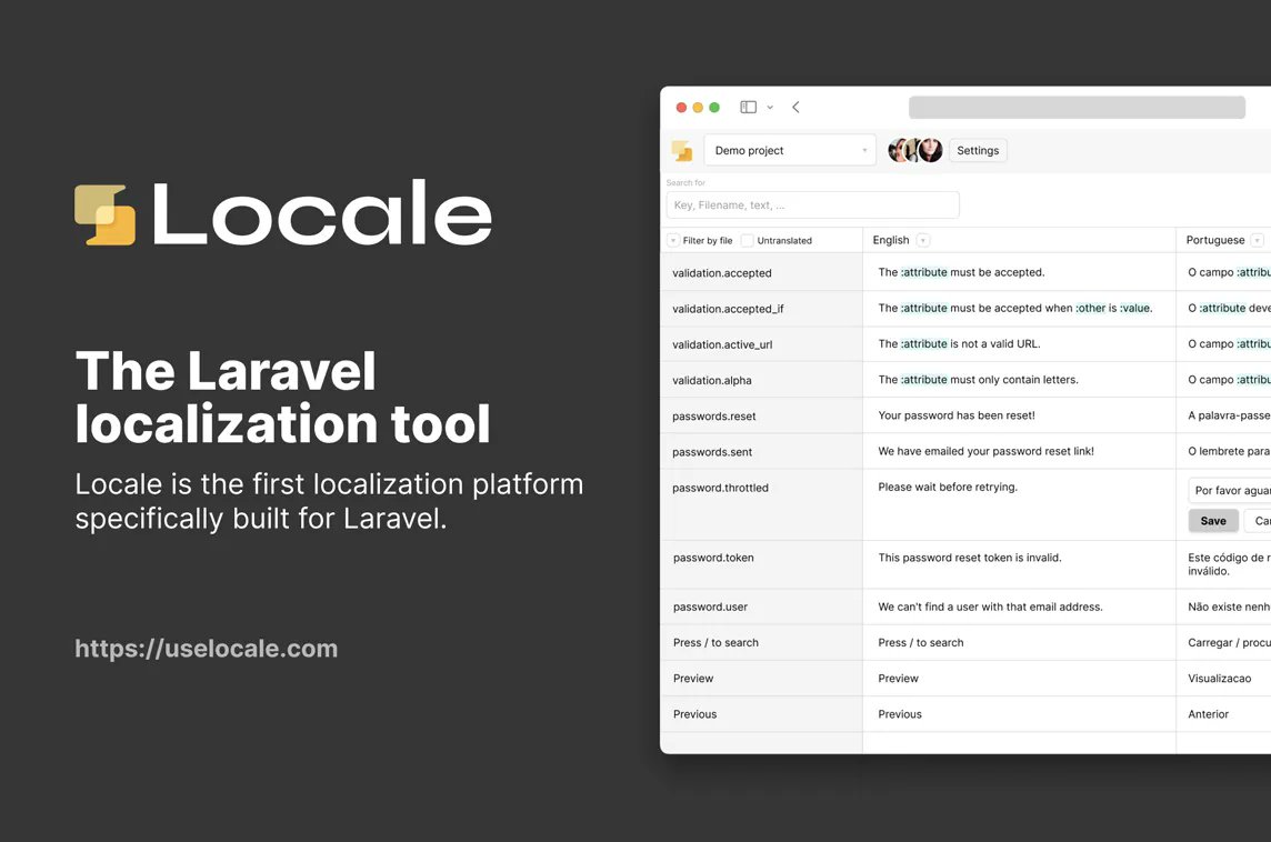 MadeWithLaravel's tweet photo. Level up your translation workflows with @uselocale, an easy-to-use localization platform specifically built for Laravel 💬✨ - https://t.co/OlXrtk8rdI https://t.co/6DeLAH2Br1