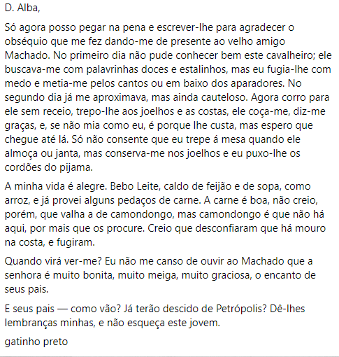 mdassisonline's tweet photo. Bom dia! Escritores com gatos (11): Machado de Assis. Na carta dirigida à menina Alba de Araújo, filha de Fanny e Armando Araújo, seus amigos, Machado agradecia o presente: um gatinho preto. Como é carta de escritor (e dos bons), quem assina a carta não é Machado, mas o gato... https://t.co/i7l28spsSx