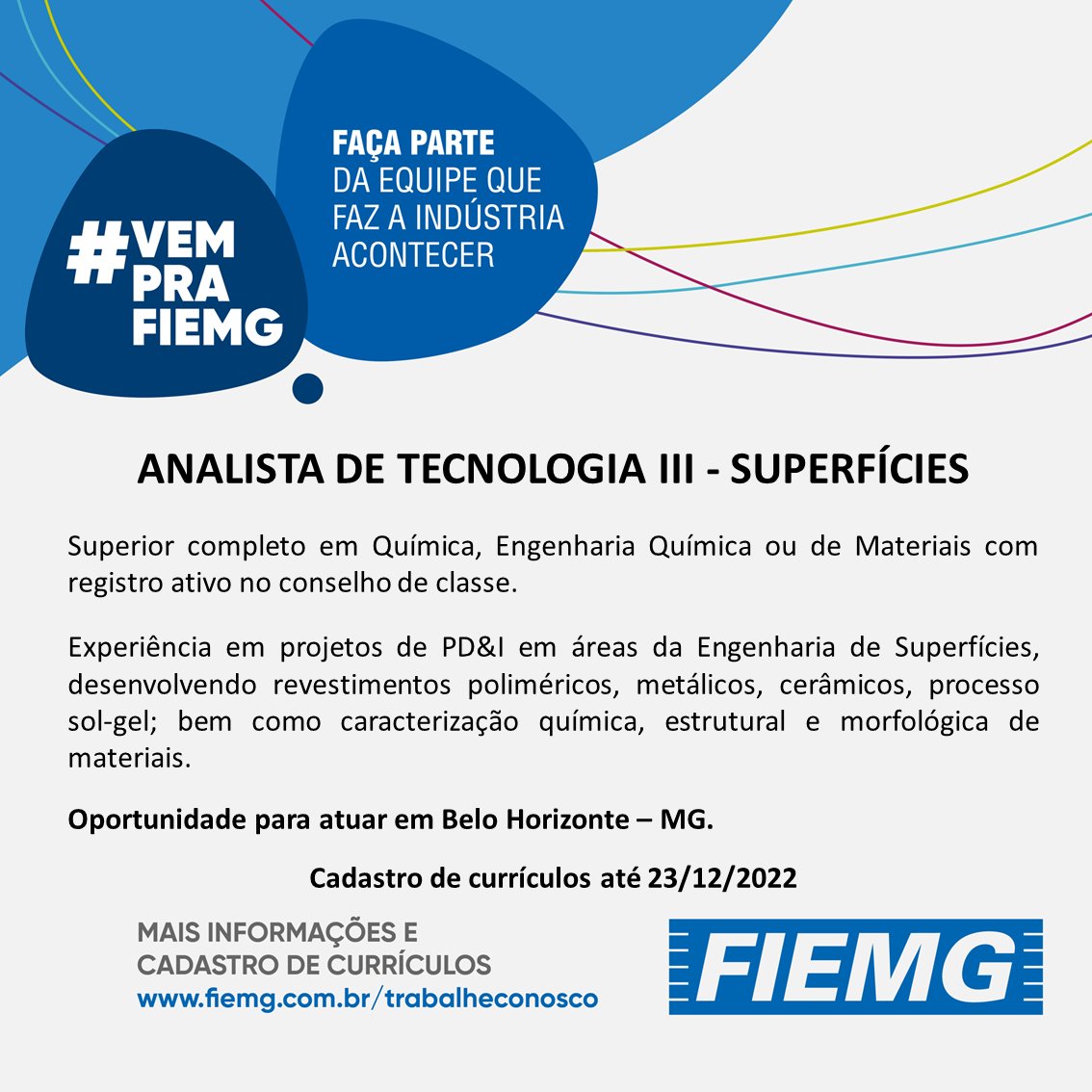 Atenção profissionais com formação em Química, Engenharia Química ou de Materiais com registro ativo no conselho de classe. Confira uma excelente oportunidade para trabalhar no CIT SENAI em 2023: bit.ly/3VdtJ8b