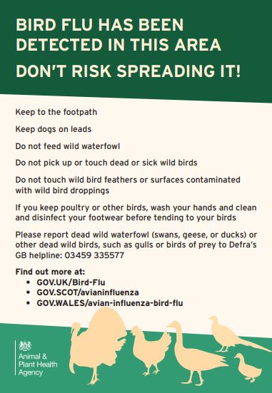 The Council is urging dog walkers and those using outside water venues to be alert following the Avian Flu outbreak.
No new bird deaths have been reported but people should still keep dogs on leads and not touch sick or dead wild birds. Report dead birds to Defra: 03459 335577.