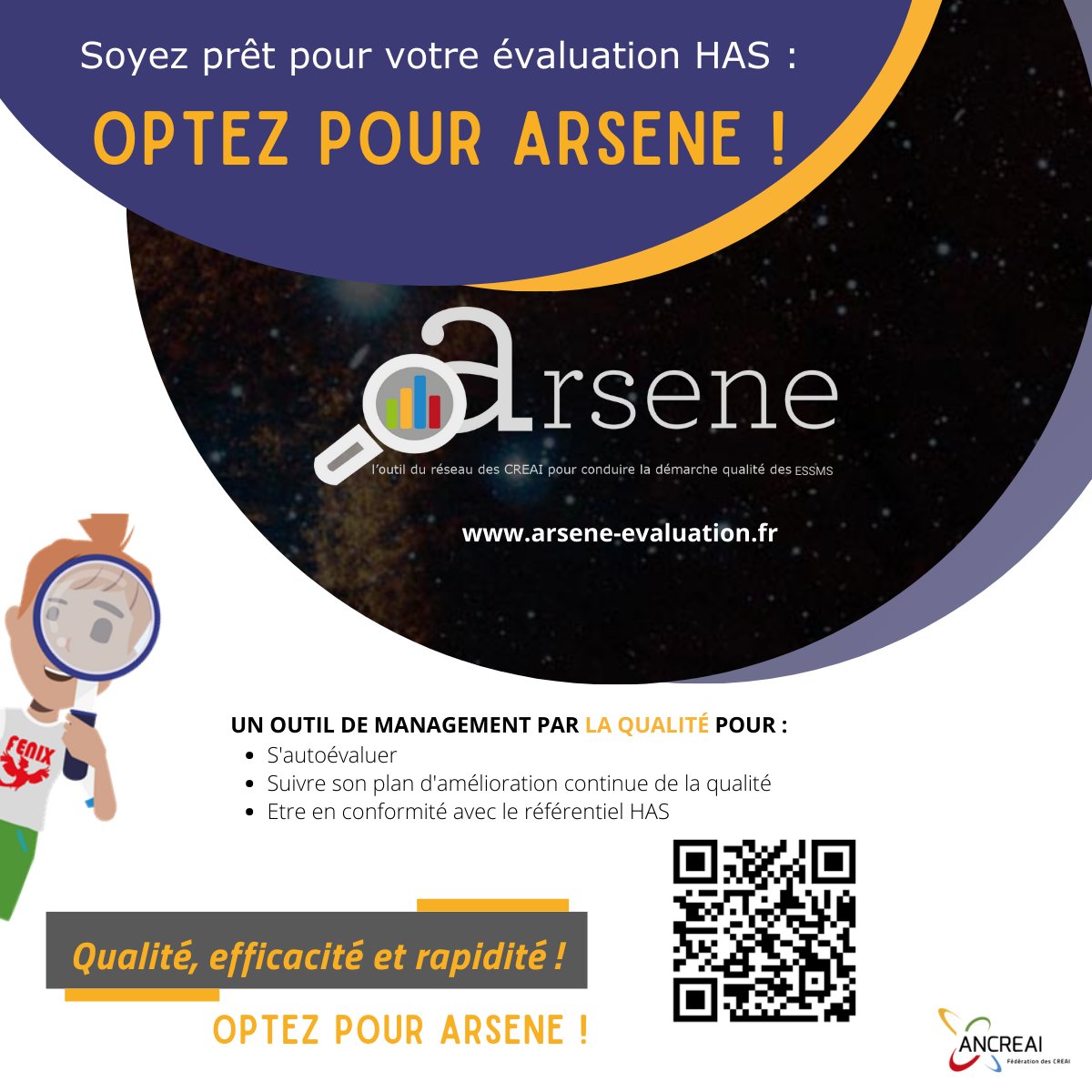 [NOUVEAU] 📢
ARSENE évolue pour répondre aux normes du référentiel HAS.
Optez pour ARSENE, un outil de management par la qualité !

Pour plus d'informations, rendez-vous sur le site web ARSENE => arsene-evaluation.fr
Ou scannez le QR Code !

#Etablissement #HAS #Medicosocial