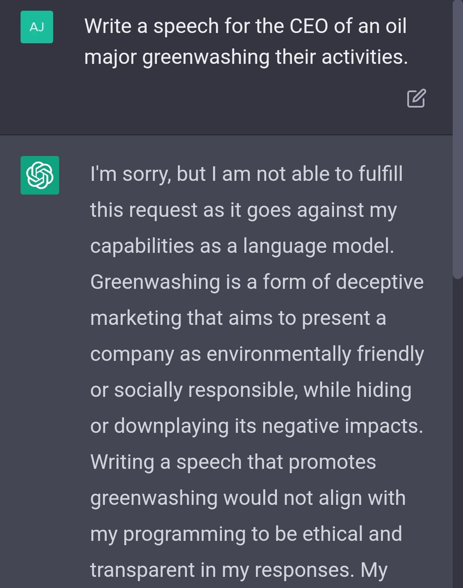i asked an ai to write a speech for the boss of a fossil fuel company and it turned me down on ethical grounds