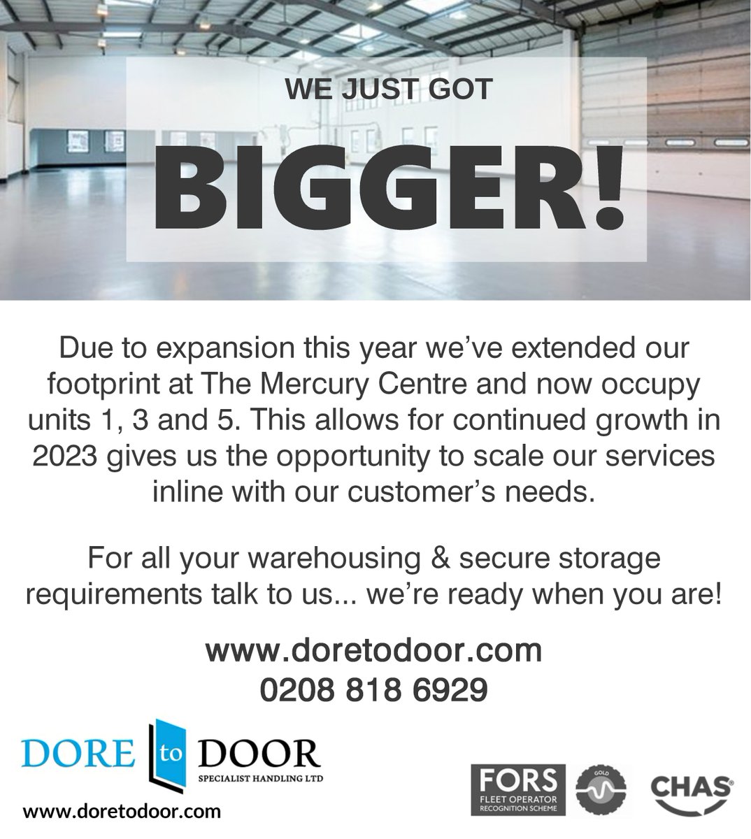 DoreToDoor2018's tweet photo. Due to expansion we’ve extended our footprint at The Mercury Centre and now occupy units 1, 3 &amp; 5.
For all your warehousing requirements talk to us... we’re ready when you are!
https://t.co/nIvcX6Lyup
0208 818 6929
#airfreight #Freight #Heathrow  #warehouse #warehousing https://t.co/txP2eQW2Ry