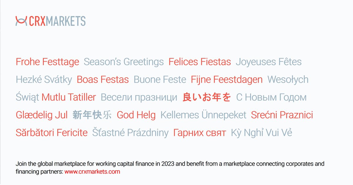 CRXMarkets's tweet photo. Wishing all our clients, followers, staff and families a safe and enjoyable holiday season from all of us at CRX Markets. We are thankful for our valued partnership and look forward to supporting you in the year to come. ❤️

#corporatefinance #tradefinance #treasury #supplychain https://t.co/AjYlZD3ohH