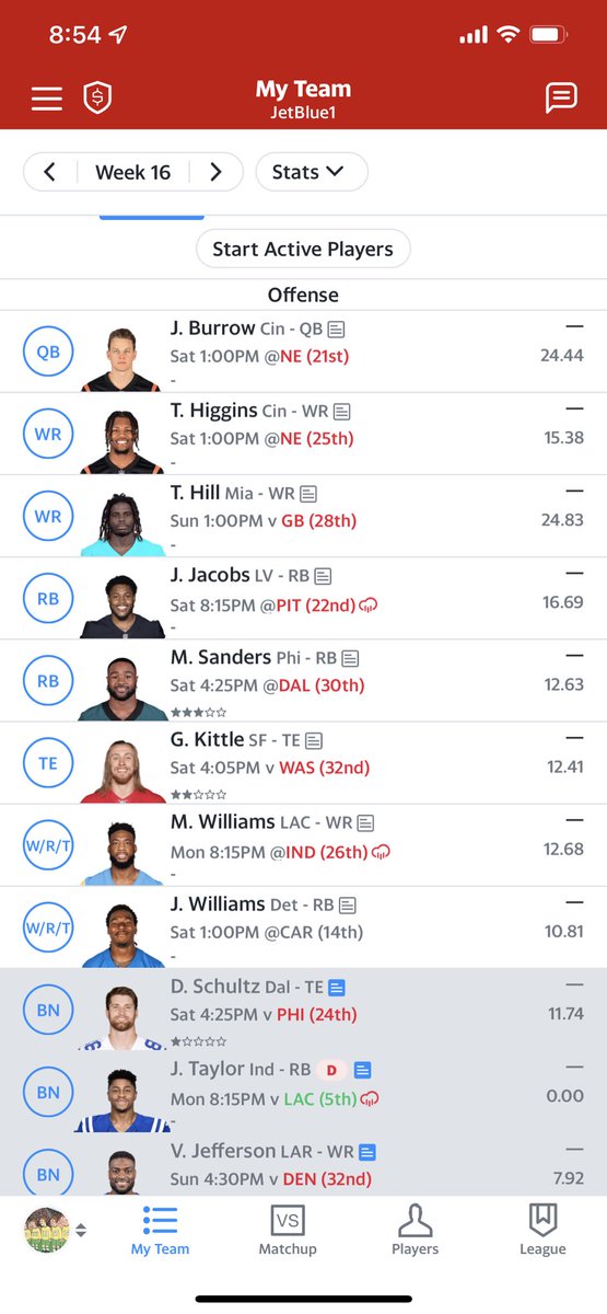 OogeeLee's tweet photo. @TheFFBallers @andyholloway @FFHitman @jasonmoore  The dreaded bad matchup playoffs week #sadface #fantasyfootballplayoffs https://t.co/nJEZ8CrEak