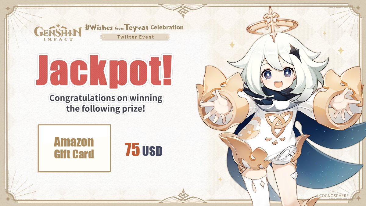 Genshin Impact On Twitter: @Arthdn_47 Congratulations On Winning The  Amazon Gift Card (75 Usd)  In The Official Genshin Impact Twitter Event!  We Will Contact You Via Private Message, So Please Continue
