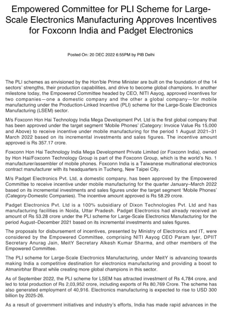RoyLakshman's tweet photo. Foxconn India और Padget Electronics को #PLI scheme के तहत incentive देने का फ़ैसला।
#Foxconn India को ₹357.17 crore और #Padget Electronics को ₹58.29cr का incentive.
@CNBC_Awaaz https://t.co/5cKpQYnj5W