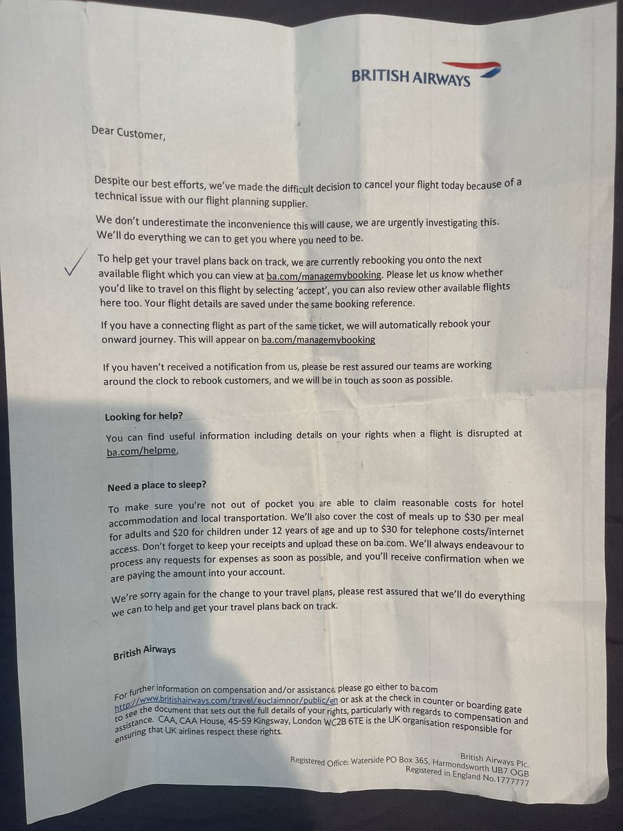 jsrum's tweet image. The piece of paper that @British_Airways handed out in @Dulles_Airport at midnight. And none of these options work. Also, why the hand written check mark?