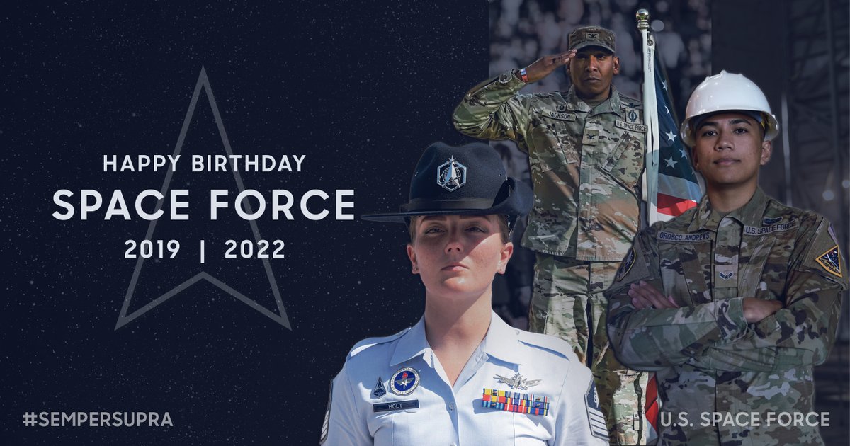 USSpaceForce's tweet photo. Happy birthday, U.S. Space Force! Cheers to three years of the world's
greatest Guardians providing world-class space capabilities for the nation!
#HappyBirthday #SemperSupra https://t.co/e7yXXIiSpp
