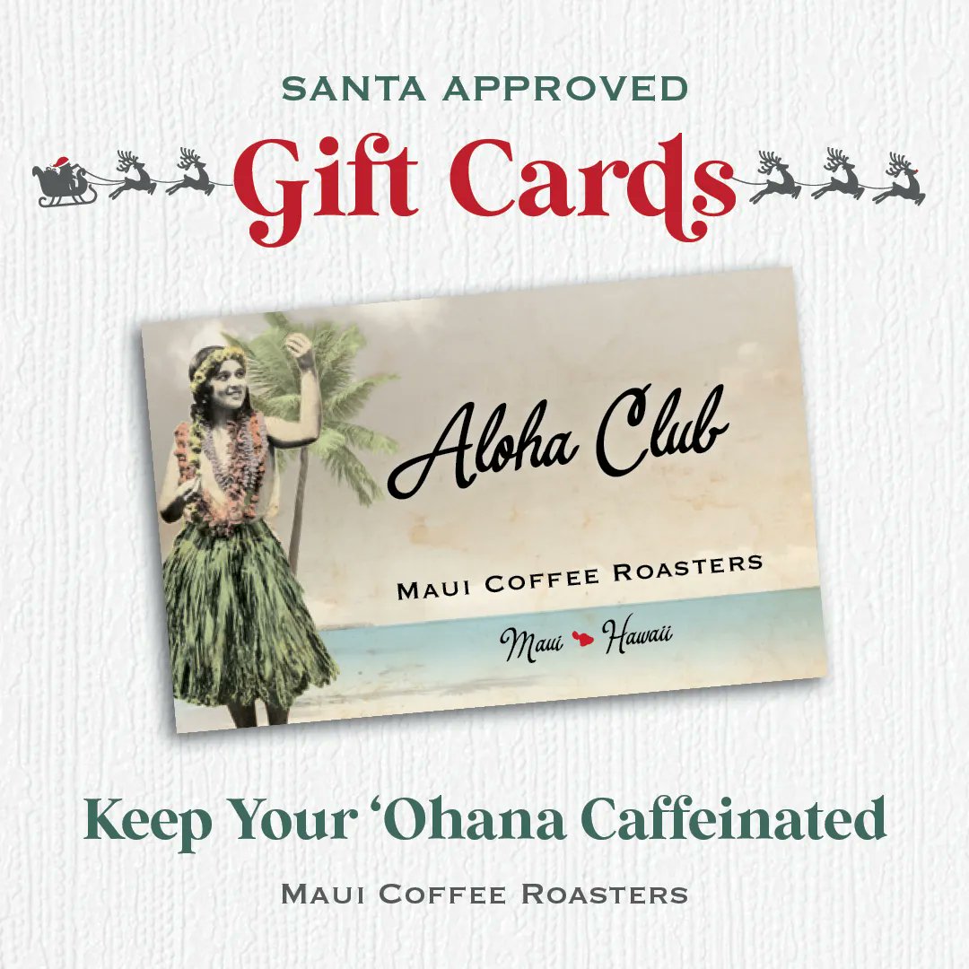 The perfect stocking stuffer is here! Give the gift of choosing your own gift and send some aloha with our gift cards. Come to our cafe or buy a digital card from our website. buff.ly/3fNgCMj

#mauicoffeeroasters #Coffee #Coffeetime #Coffeeshop #mauicoffeecafe