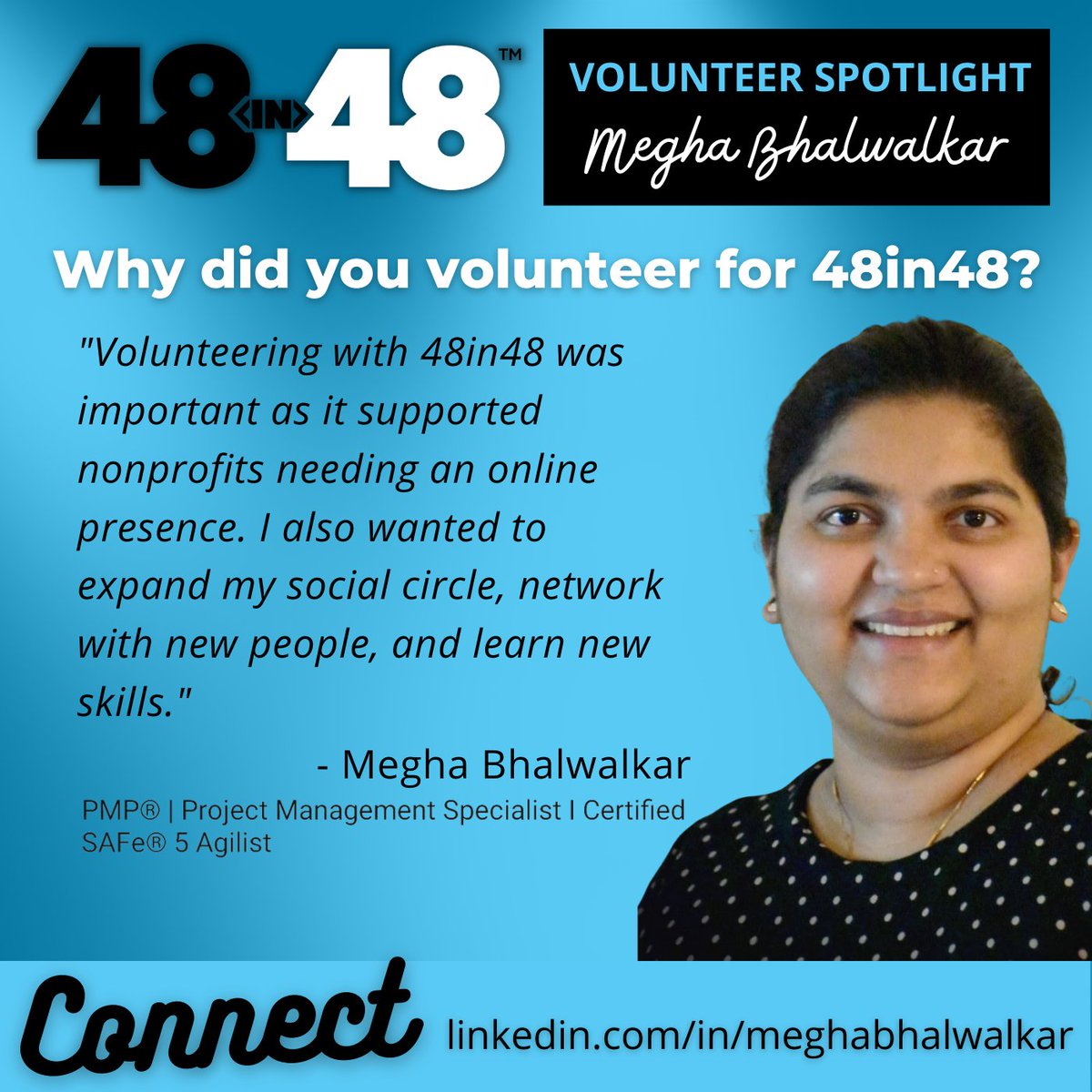 48in48org's tweet photo. We hope you've connected with some great new people from 48in48 events, Megha. Thank you for being an All-star Volunteer!
...
#volunteerspotlight #volunteer #48in48 #48in48gives #itsourcode https://t.co/ld9MVbF8o8