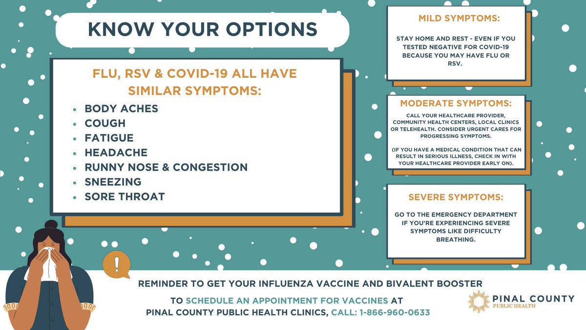 PinalCounty's tweet photo. Stay Safe from Flu, RSV and COVID-19 This Holiday Season! 🤧 

Use the chart below to help you identify your symptoms and treatment options. https://t.co/UVkkrlyijB
