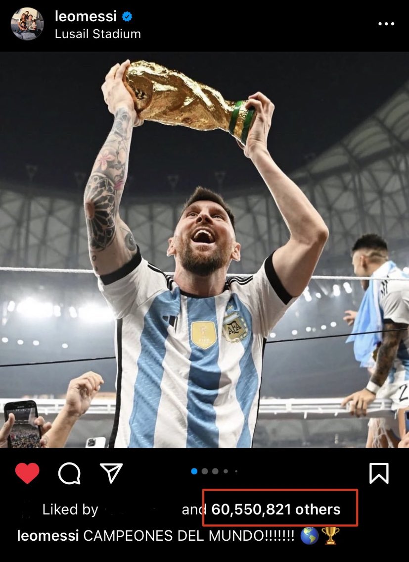 StokeyyG2's tweet photo. Messi’s Instagram post is now the MOST liked post on ANY social media platform EVER after surpassing Bella Poarch’s record of 60.3M on TikTok… https://t.co/0iWRMzNNX0