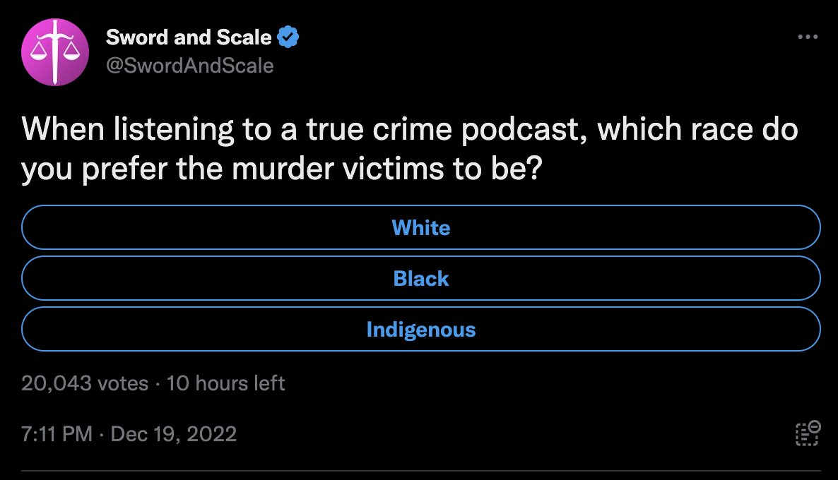 Someone was asking me what's wrong with Sword and Scale.  This tweet comes close to summing it up. But sadly, it's far from his worst tweet. But it definitely fits with the trash fire that is now Twitter.