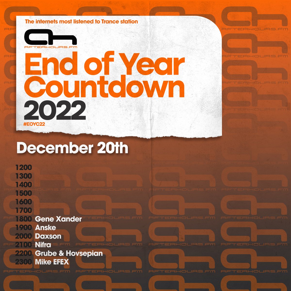 #EOYC kicks off in 3 hours with <a href="/genexandermusic/">Gene Xander</a> <a href="/AnskeOfficial/">Anske</a> <a href="/Daxsonmusic/">Daxson</a> <a href="/Nifra/">Nifra</a> <a href="/timgrube/">Tim Grube</a> <a href="/MikeHovsepian/">Mike Hovsepian</a> <a href="/MikeEFEX/">Mike EFEX Official</a> tune in ah.fm/player