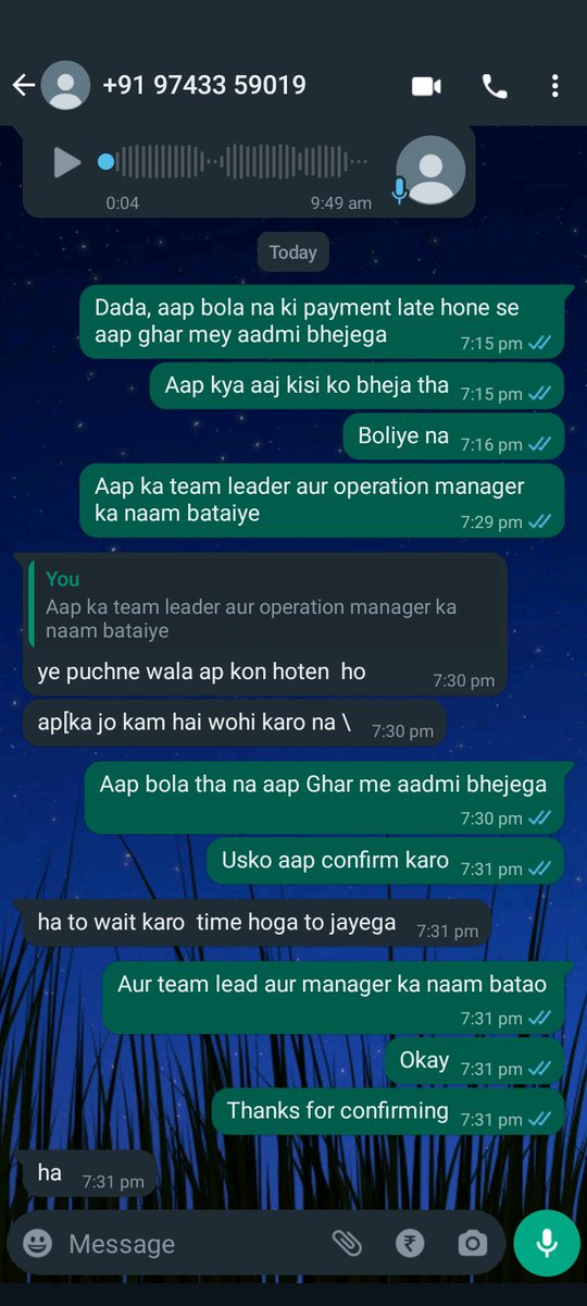 KarguptaA's tweet photo. @navifinance Confirmation that you send goondas for home collection even if the customer is less than 30 days late. Collections agent Bhola nath sent confirmation about this personally in WhatsApp. I fear for my life and my family's safety. https://t.co/cznfy3giVj