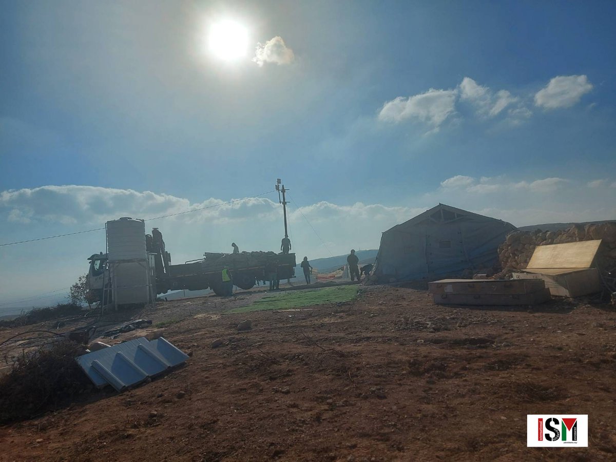 ISMPalestine's tweet photo. IOF confiscated a marquee from Khalet Al Dabaa, #MasaferYatta. The marquee was used for activities like psychosocial support for children, to help them cope with the traumas of living under Israeli occupation. IOF attacked a villager who is on crutches due to surgery https://t.co/FtkasatBcO