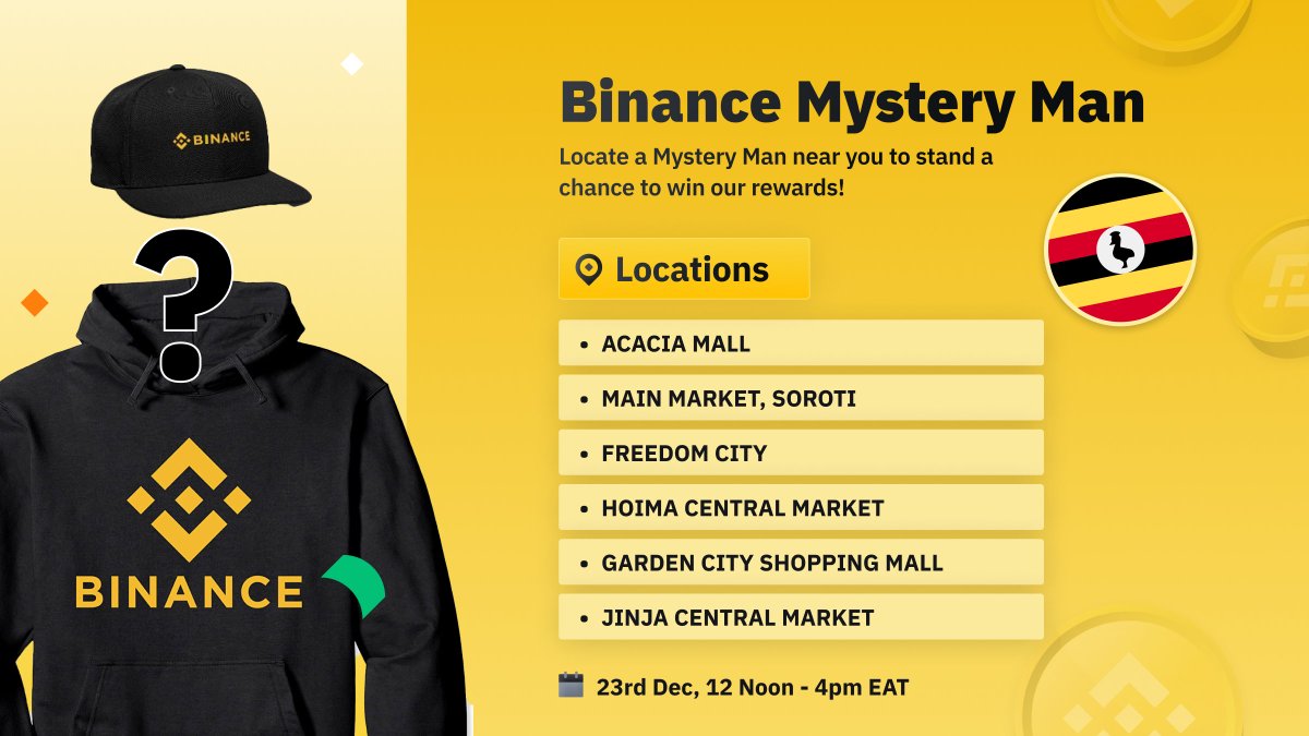 BinanceAfrica's tweet photo. My Ugandan People 🇺🇬
Find your #BinanceMysteryMan in these locations 📍 &amp; stand a chance to win your own Christmas Giveaway 😀 https://t.co/JEzV2MkdMZ
