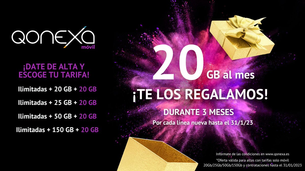 🎁💥 ¡TE LOS REGALAMOS! Dándote de alta en Qonexa podrás disfrutar de 20 GB extra al mes durante 3 meses.

👇📱 Visita nuestra web y consulta nuestras #tarifas
qonexa.es/movil/

#telecomunicaciones #telefonía #movil #operador #promociones
