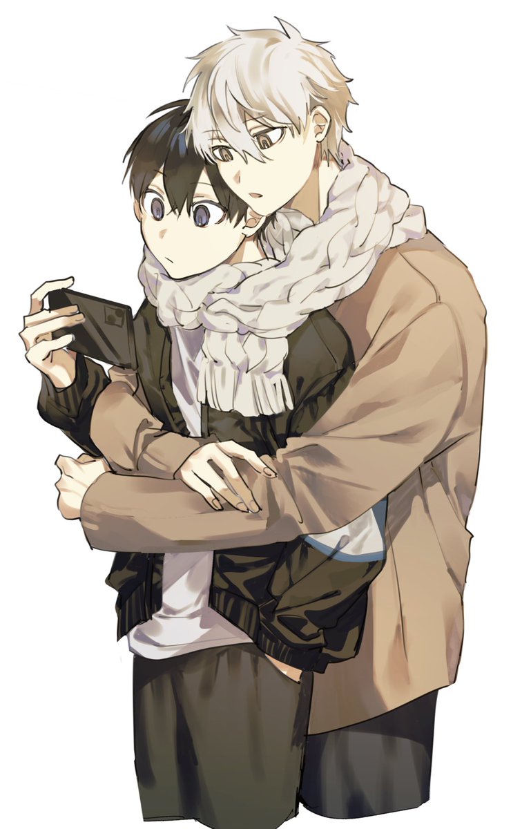 multiple boys 2boys male focus holding phone phone scarf holding  illustration images