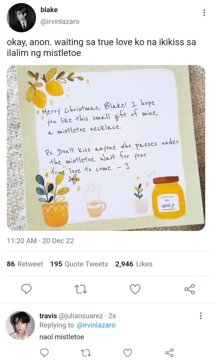 2SUNFICS's tweet photo. twelve days of christmas
a mini #sunsun au wherein...
blake (sh) received a christmas present from an unknown sender— jaziel (sn), and he keeps receiving gifts until the twelfth day of christmas. https://t.co/3edVwwGSru