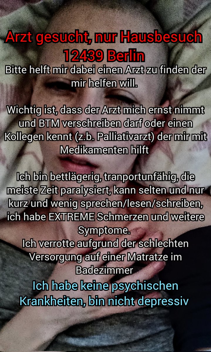 Bitte helft mir dabei einen Arzt zu finden der mich zu Hause medizinisch versorgt 

#verysevereME #pallativ #hospiz #pflege #MedTwitter #Medbubble #medizin #endstadium