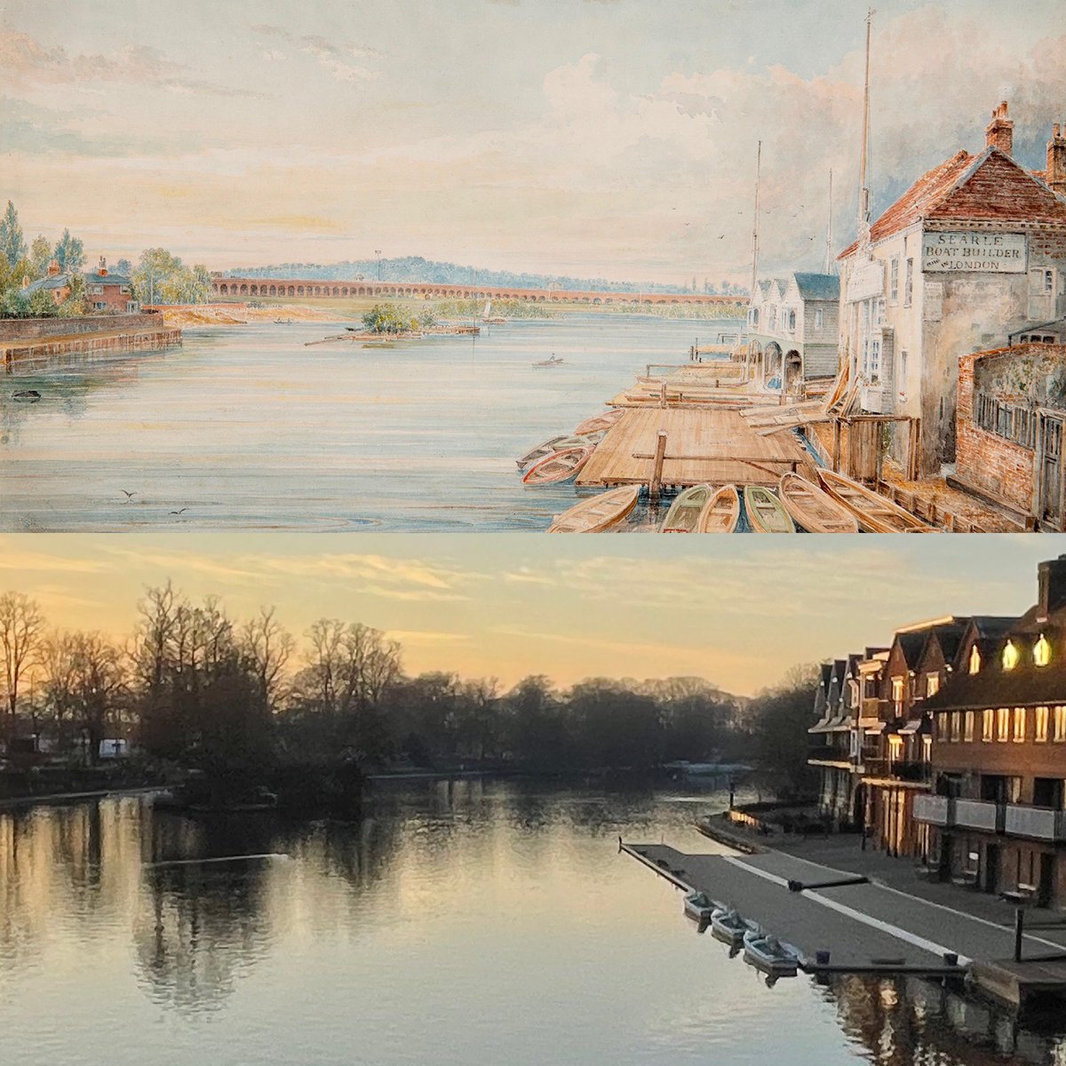 britishwcs's tweet photo. The bridge across the Thames between Eton and Windsor now, and as drawn by George Frederick Prosser (1805-1882) in 1868. Trees now obscure the view of Brunel’s railway bridge. Included in our Winter exhibition which closes tomorrow #etoncollege #etonrowing #windsor https://t.co/sldqmlF5zV