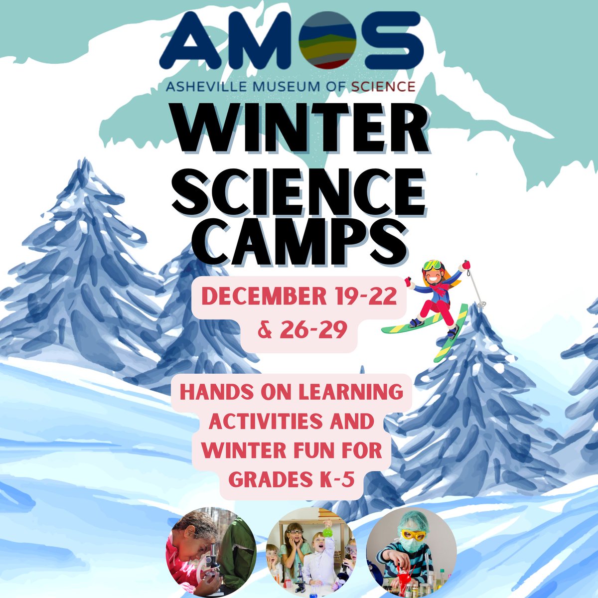 Winter Camps at AMOS are here! Week 2 is Dec. 26-29, 9am–3:30pm, with daily and weekly sign-up! The ages for these sessions are K-5th grade. Sign up for Session 2 here: bit.ly/wintercamp2022… Rates start at $60/day and $225/week! For more: edu@ashevillescience.org