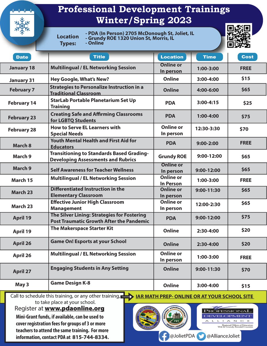 Register today for your winter/spring PD trainings at pdaonline.org. Call us to have any of these trainings delivered at your school 815-744-8334 <a href="/AllianceJoliet/">Professional Development Alliance Joliet</a> <a href="/WillCountyROE/">Will County ROE</a> <a href="/DrPeteSullivan/">Pete Sullivan</a> <a href="/chrismehochko/">Chris Mehochko</a> <a href="/ssenffner/">shelley senffner</a> <a href="/ChignoliMary/">Mary Chignoli</a>