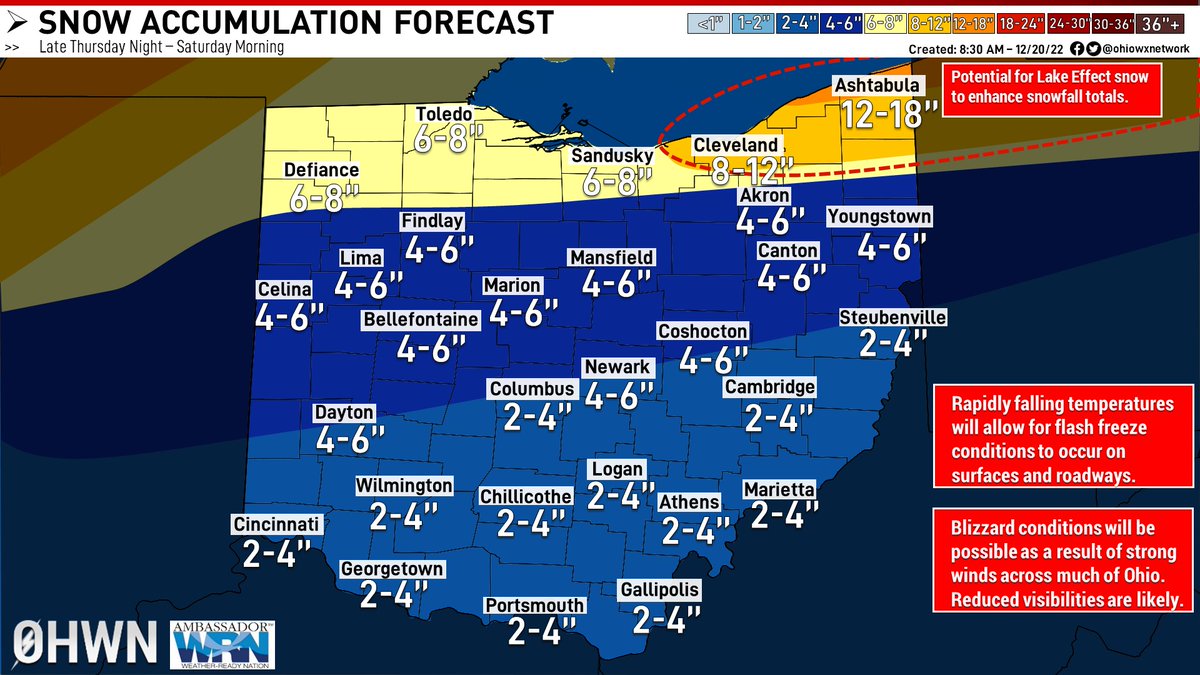 ohiowxnetwork's tweet image. in intensity, we will see winds increase as well. Blizzard conditions will be possible for much of Ohio, especially Friday into Friday Night.

SNOWFALL MAP #1 - There is still some uncertainty on snow amounts but there is enough consistency that we can release a snowfall map. As