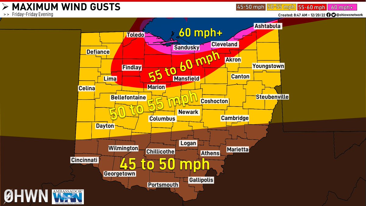 ohiowxnetwork's tweet image. possible on top of the snow that is coming with this weather system. Snowfall totals lower as we go from north to south. 

GUSTY WINDS -- Winds will increase as a result of the low pressure system. Wind gusts could gusts as high as 50-60 mph for areas especially near and north