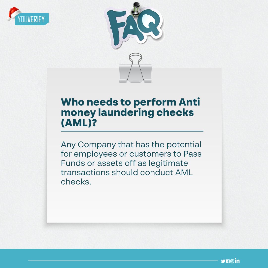 Want to know the most AML related question asked ? 🤔

“Who needs to perform Anti-money Laundering checks?”

We hope this clarifies your inquiry! 

#Aml #Youverify #Faqs