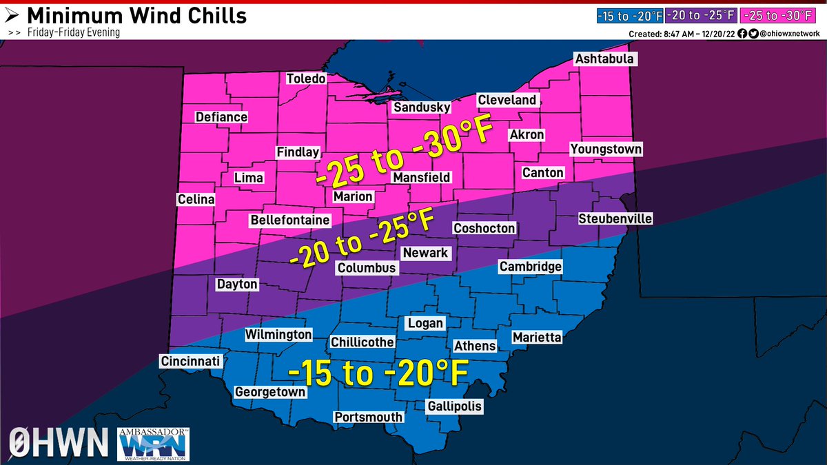 ohiowxnetwork's tweet image. WIND CHILLS -- Wind chills will be quite cold as well, especially Friday Night. Wind chills could fall as low as -30 degrees in some areas. This will be resulted of the strong winds and cold temperatures. Make sure you bundle up as these wind chills could be quite dangerous.