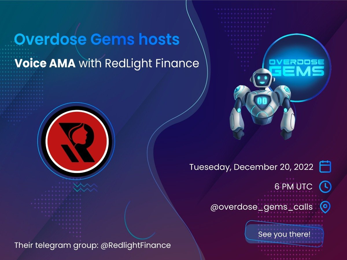Overdose_AI's tweet photo. Our AMA with @Redlight is starting today at 6PM UTC!🎙️

#RedlightFinance has one of my most favorite teams with a high dedication, I'm sure it's going to be a great AMA!

📅Date: 20.12 (Today)
🕦Time: 18:00 UTC
📍Location: https://t.co/WDgzwKnJcN
💰Prizes: $15 each for 4 winners! https://t.co/R2J9hmsFUl