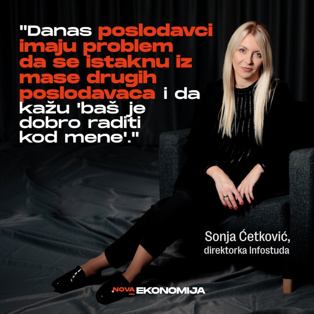 Nova_ekonomija's tweet photo. Šta rade poslodavci kako bi pronašli idealnog kandidata za otovrenu poziciju, čitajte, između ostalog, u intervjuu sa Sonjom Ćetković, direktorkom #Infostud: https://t.co/WQbaGeqHFp https://t.co/MfsqXEoKl2