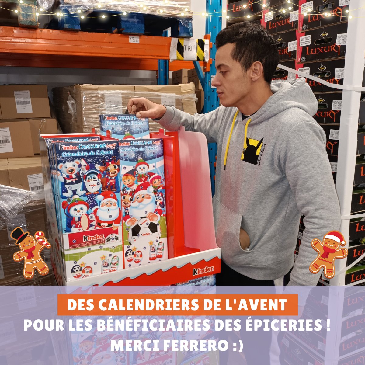 🎄Noël approche à grands pas !
L’occasion de remercier notre partenaire <a href="/FerreroFr/">Ferrero en France</a>  pour son soutien. En faisant don de plus de 15 000 calendriers de l’avent aux épiceries solidaires, Ferrero a permis aux enfants des familles bénéficiaires de se régaler de quelques douceurs 🍫.