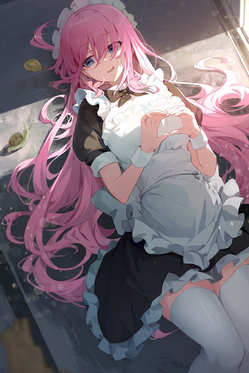 gotou hitori 1girl heart hands pink hair long hair lying maid solo  illustration images