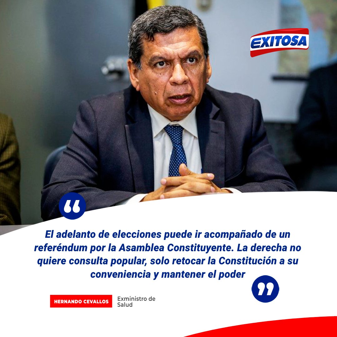 exitosape's tweet photo. 🔵🔴 El exministro de Salud del gobierno de Pedro Castillo, Hernando Cevallos, consideró que el proceso para adelantar las elecciones generales puede ir acompañado de un referéndum para convocar a una Asamblea Constituyente, a fin de redactar una nueva Constitución Política. https://t.co/M6JBDhHXxO