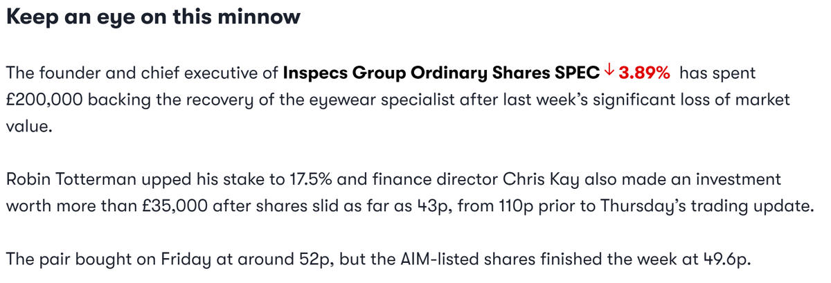 topresearchdone's tweet image. Keep an eye on this minnow
The founder and chief executive of Inspecs Group Ordinary Shares 
SPEC
3.89%
 #inspecs #group #SPEC 
 has spent £200,000 backing the recovery of the eyewear specialist after last week’s significant loss of market value.